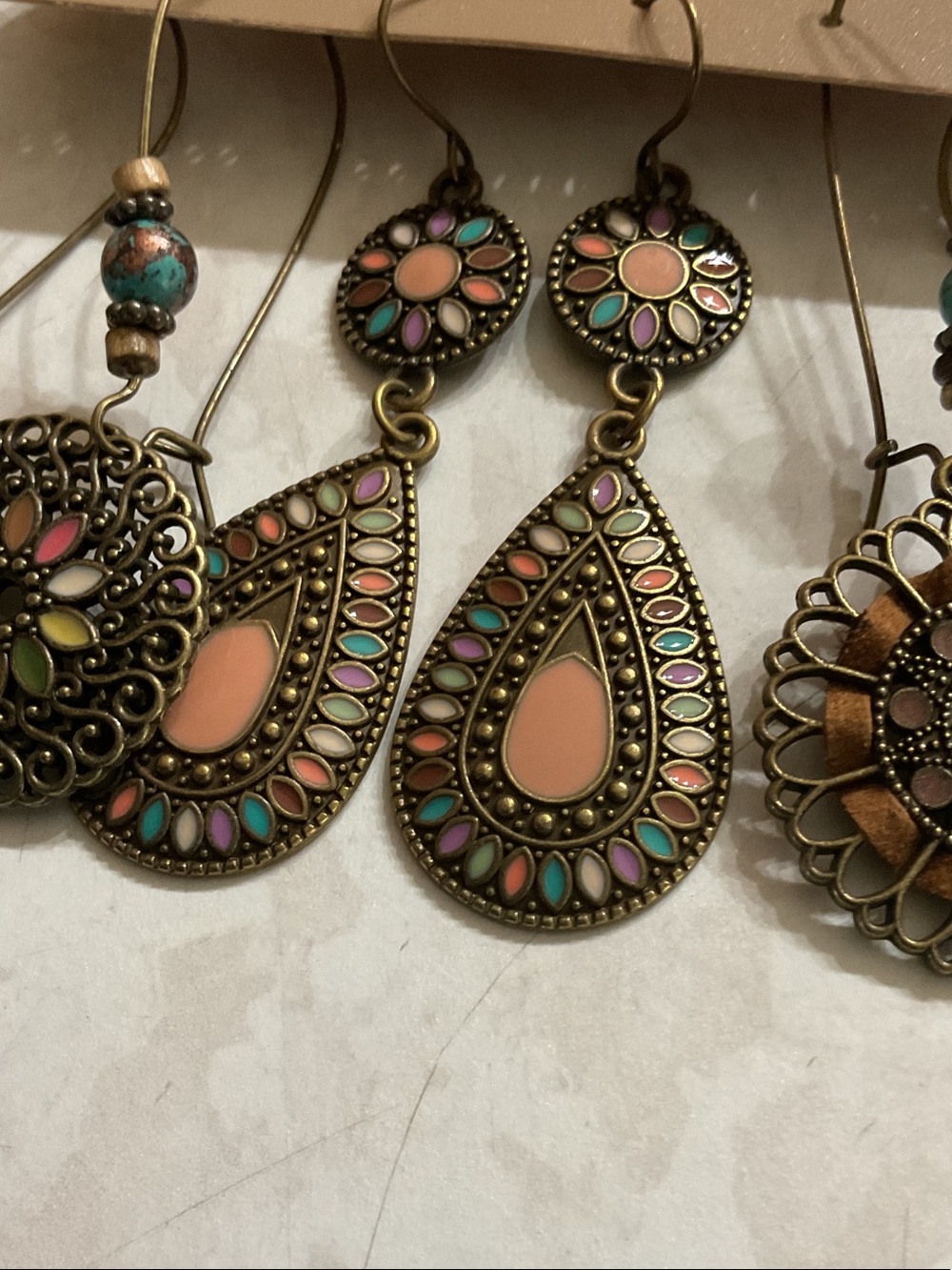 Hand Crafted Peach & Turquoise Boho Filigree Earrings Trio - Picture 3 of 4